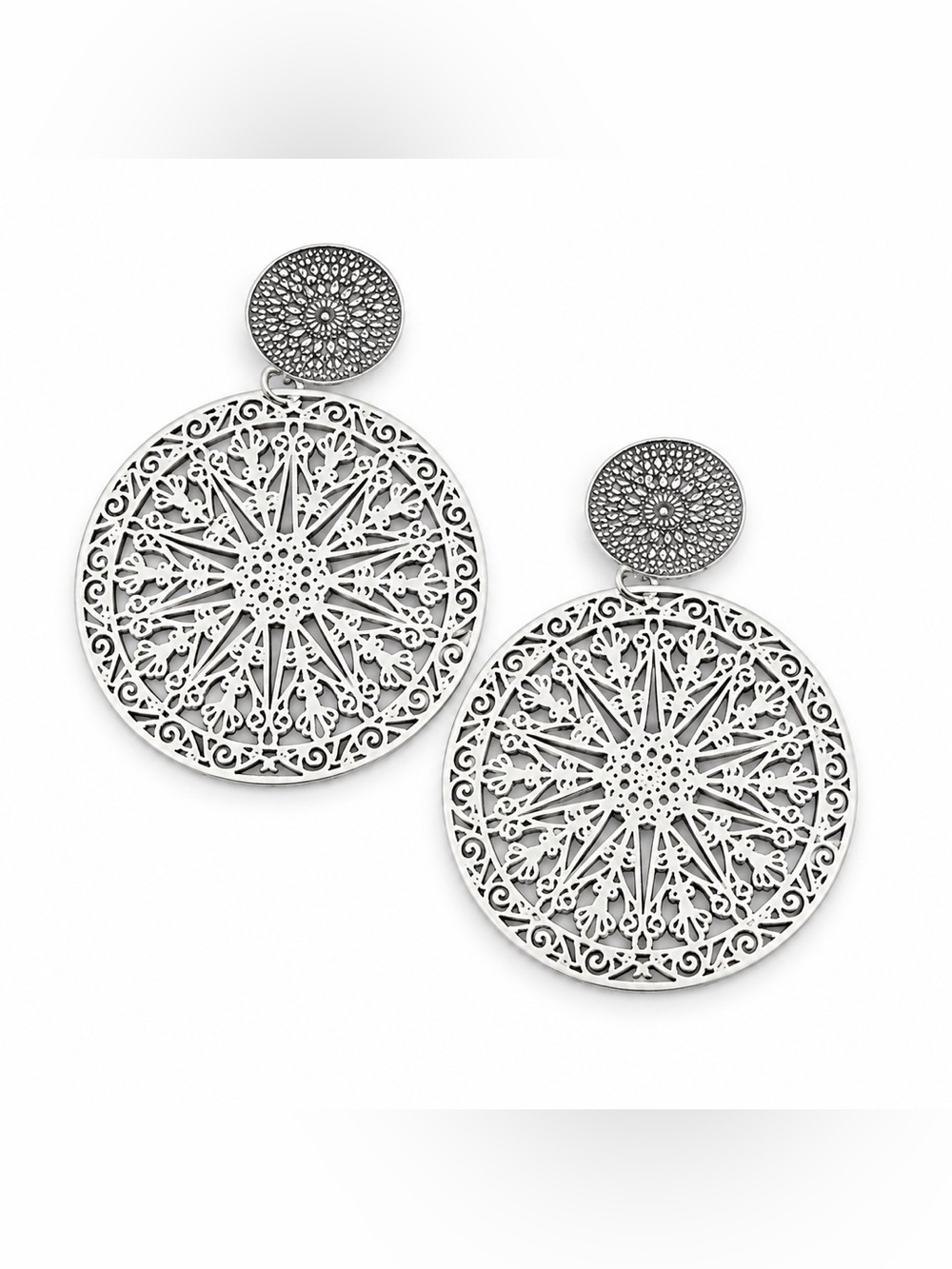 Silver Tone Filigree Medallion Drop Fashion Earrings